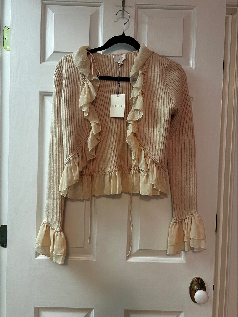 Mable Beige Ribbed Knit Sweater with Ruffle Trim, Size M